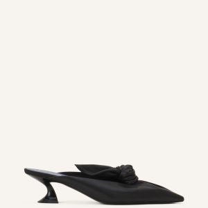 MIDNIGHT STEP HEELED MULES WITH A LEATHER BOW
