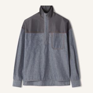 HIGH ZIP-NECK CHAMBRAY TOP