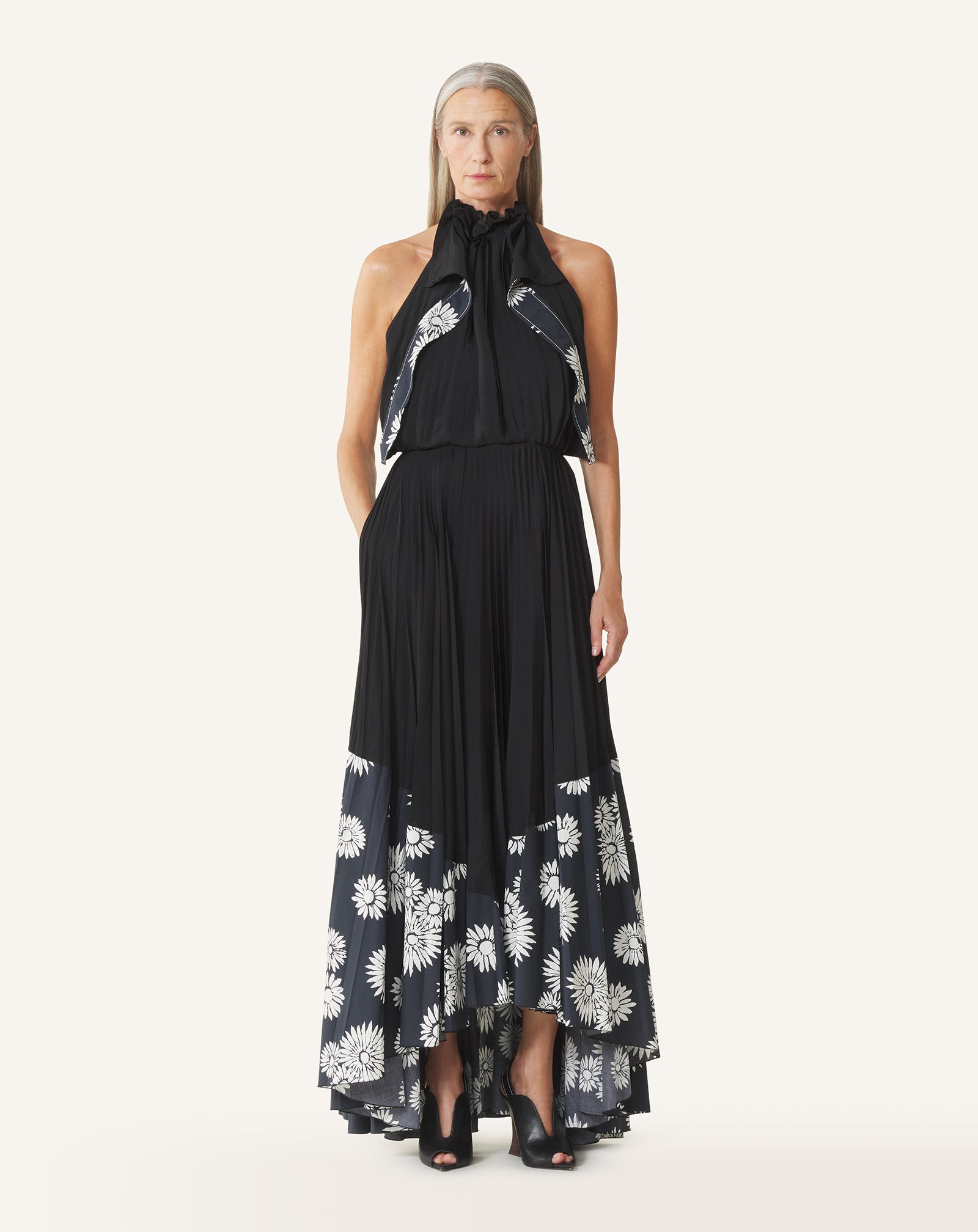 PLEATED DRESS IN CHARMEUSE AND PRINTED COTTON - Image 2