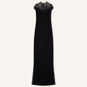 LONG VISCOSE DRESS WITH MESH DETAIL